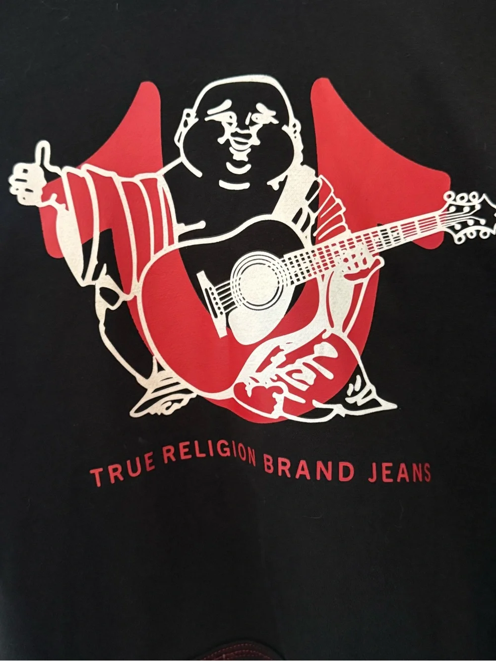 True Religion Black Hoodie with Red Graphic and Sleeve Logo